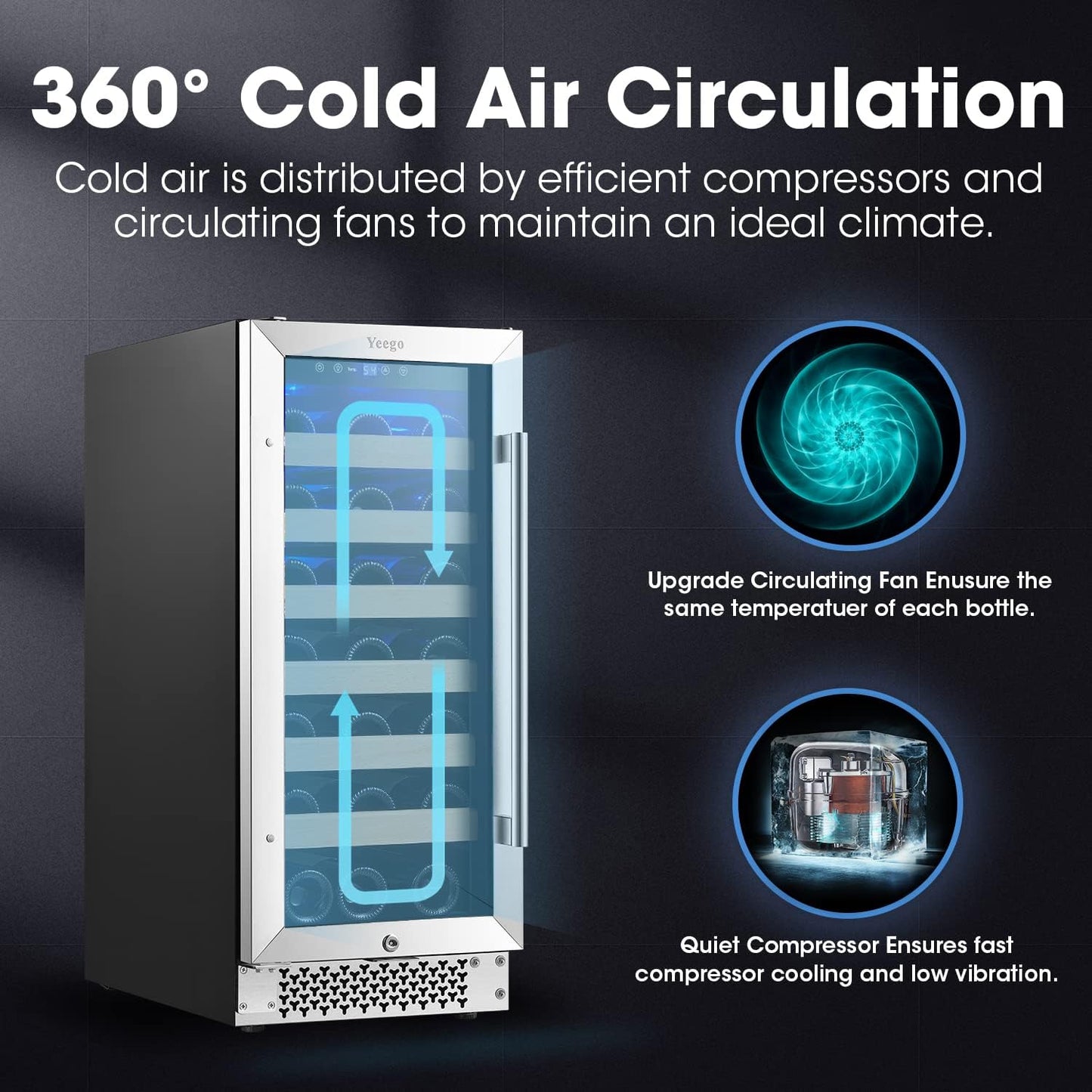 Yeego 15 Inch Wide 33 Bottle Narrow Small Wine Fridge, Under Counter, Built-In or Freestanding