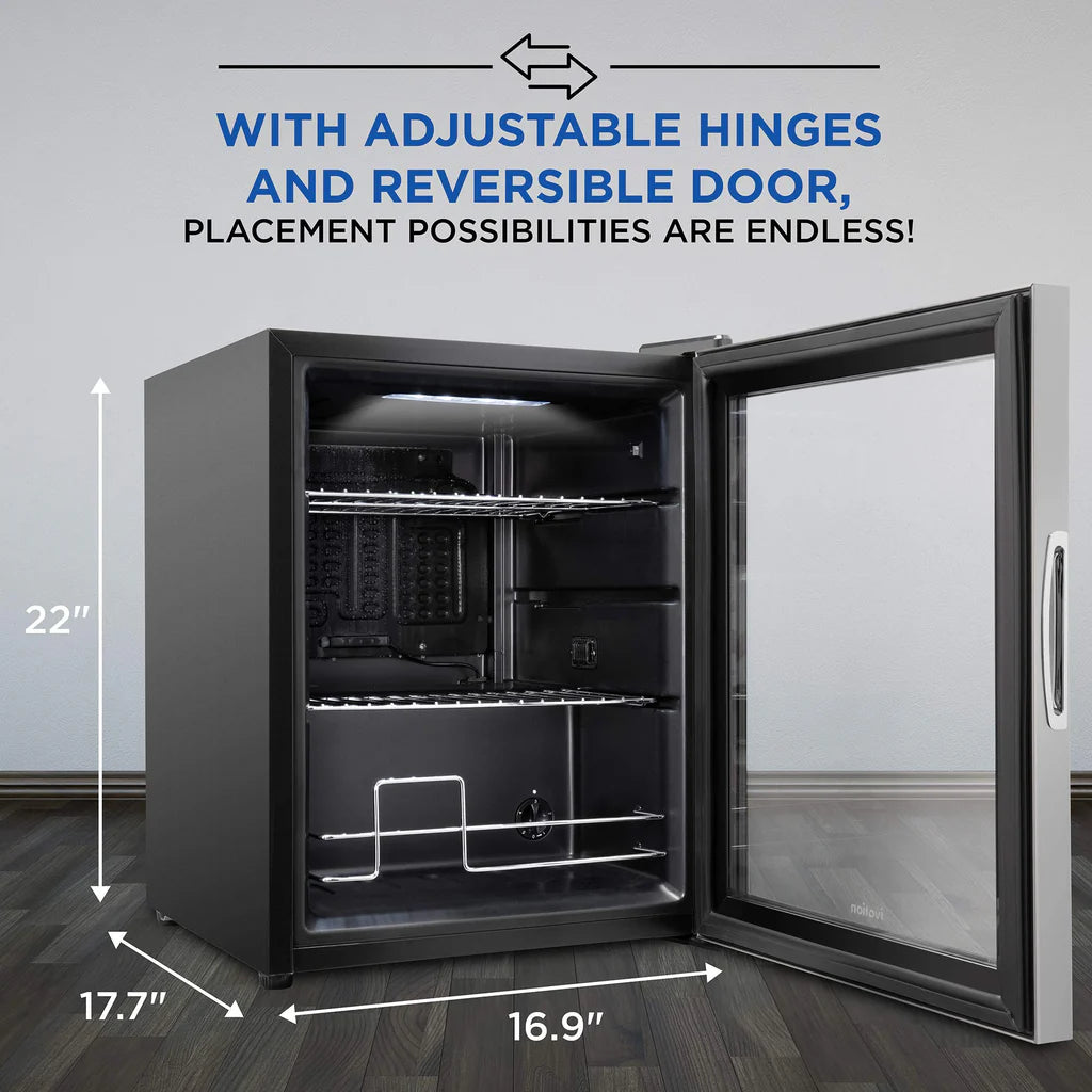Ivation 62 Can Beverage Refrigerator, Freestanding Ultra Cool Mini Fridge, Beer, Cocktails, Soda, Juice Cooler for Home & Office, Reversible Glass Door & Adjustable Shelving - Stainless Steel