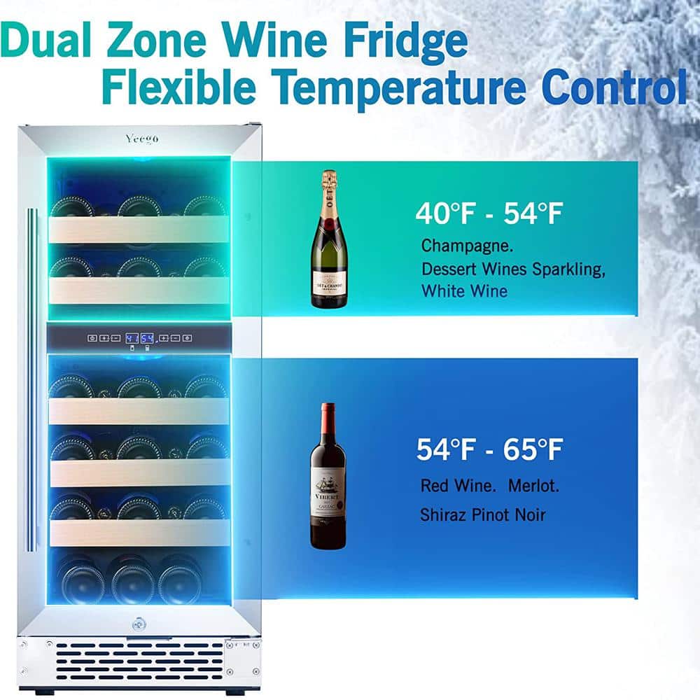 Yeego 15 Inch Wide 28 Bottles Dual Zone Narrow Small Wine Fridge, Under Counter, Built-In or Freestanding