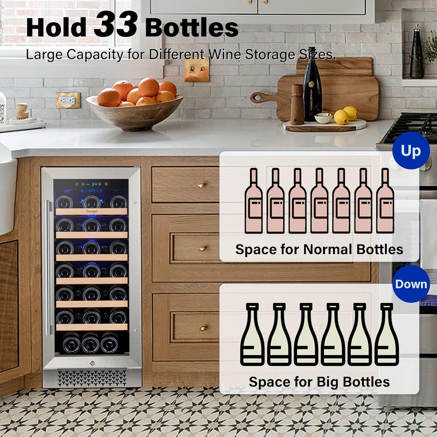 Yeego 15 Inch Wide 33 Bottle Narrow Small Wine Fridge, Under Counter, Built-In or Freestanding