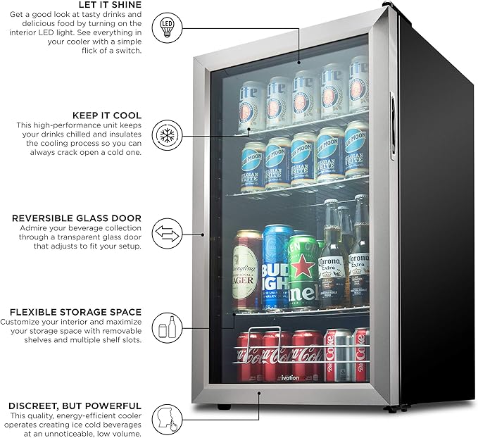 Ivation 126 Can Beverage Refrigerator | Freestanding Ultra Cool Mini Drink Fridge | Beer, Cocktails, Soda, Juice Cooler for Home & Office | Reversible Glass Door & Adjustable Shelving, Stainless Steel