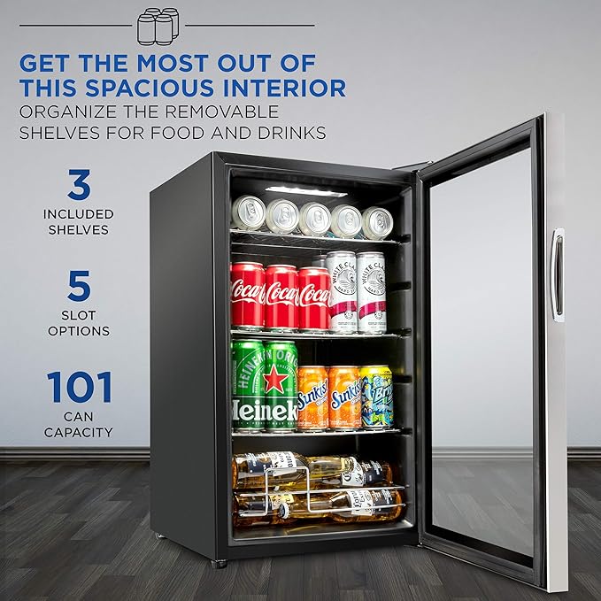Ivation 101 Can Beverage Refrigerator | Freestanding Ultra Cool Mini Drink Fridge | Beer, Cocktails, Soda, Juice Cooler for Home & Office | Reversible Glass Door & Adjustable Shelving, Stainless Steel