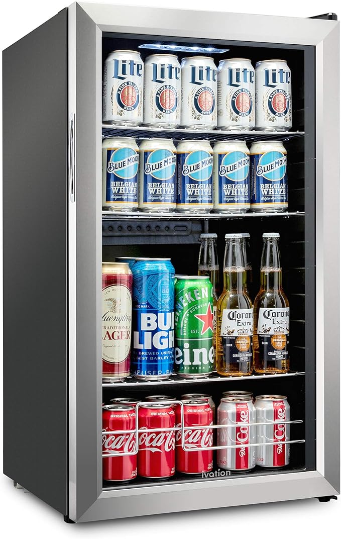 Ivation 126 Can Beverage Refrigerator | Freestanding Ultra Cool Mini Drink Fridge | Beer, Cocktails, Soda, Juice Cooler for Home & Office | Reversible Glass Door & Adjustable Shelving, Stainless Steel