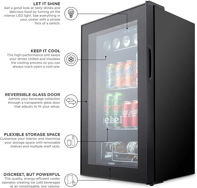 Ivation IVABC1010B 101 Can Beverage Refrigerator Freestanding Ultra Cool Mini Drink Fridge, Black