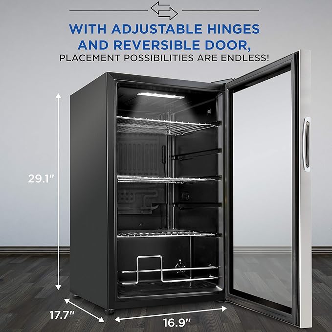 Ivation 101 Can Beverage Refrigerator | Freestanding Ultra Cool Mini Drink Fridge | Beer, Cocktails, Soda, Juice Cooler for Home & Office | Reversible Glass Door & Adjustable Shelving, Stainless Steel