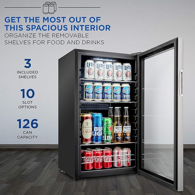 Ivation 126 Can Beverage Refrigerator | Freestanding Ultra Cool Mini Drink Fridge | Beer, Cocktails, Soda, Juice Cooler for Home & Office | Reversible Glass Door & Adjustable Shelving, Stainless Steel