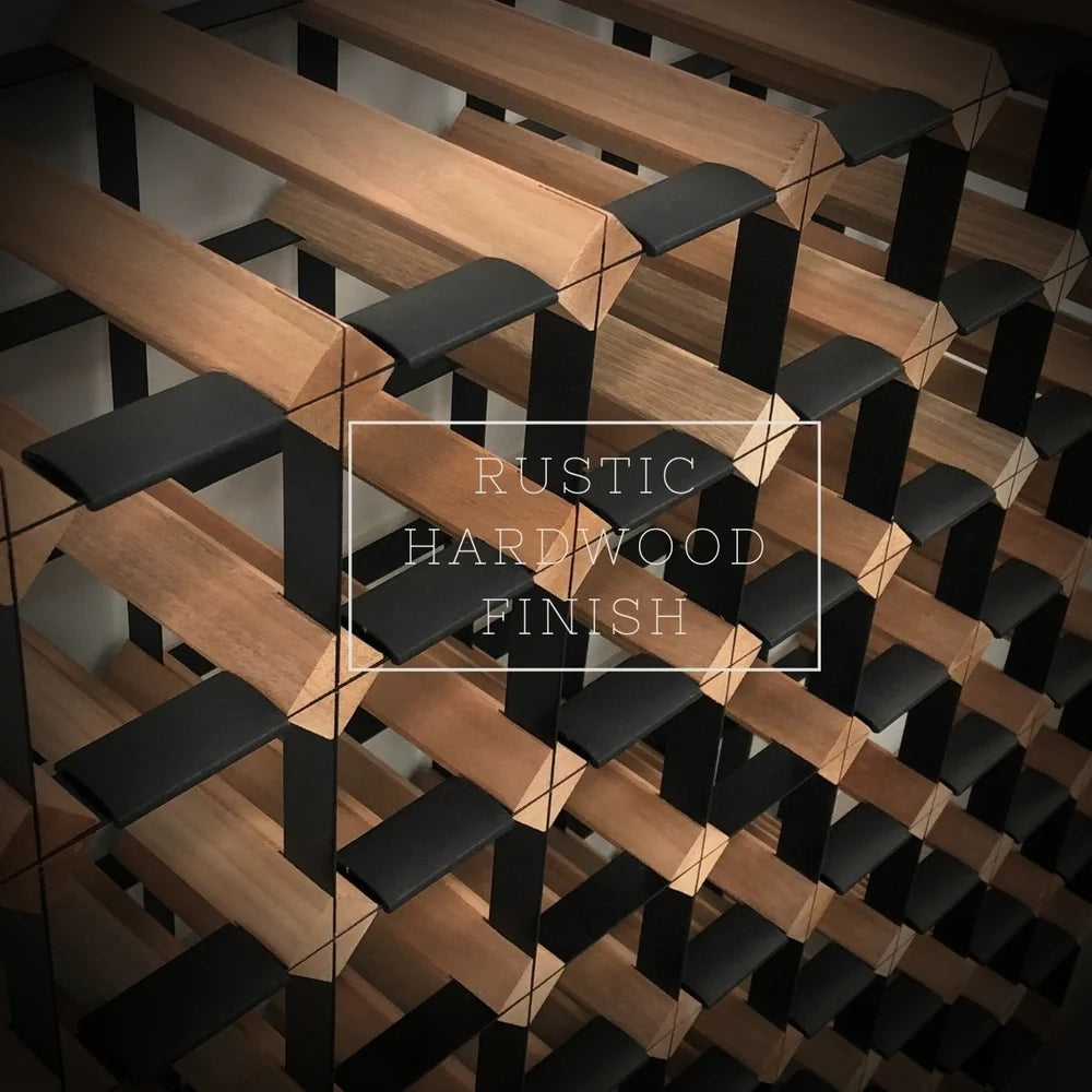 Wooden wine rack with a rustic finish, featuring alternating black and brown wooden planks.