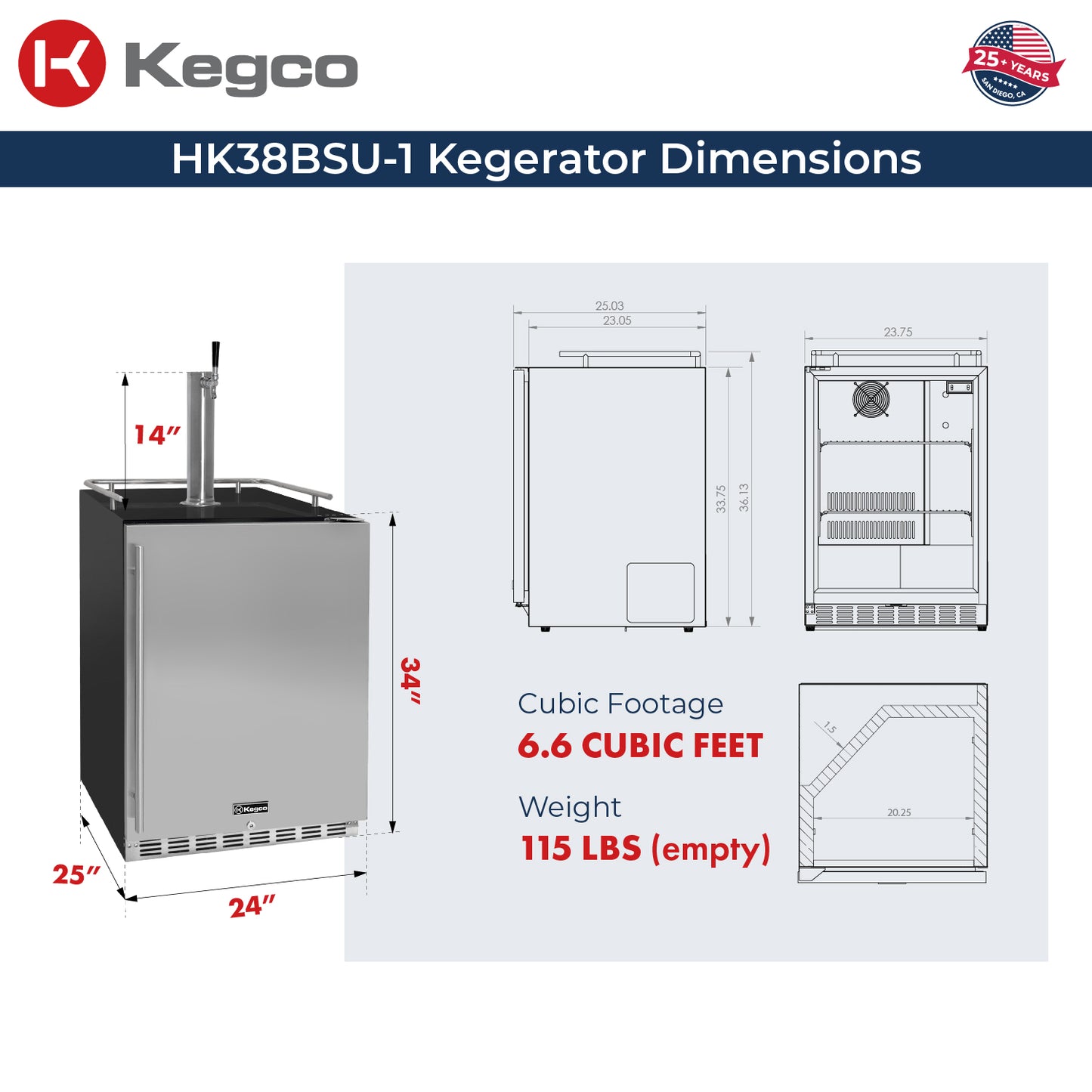 Kegco 24" Wide Single Tap Stainless Steel Built-In Right Hinge Kegerator with Kit