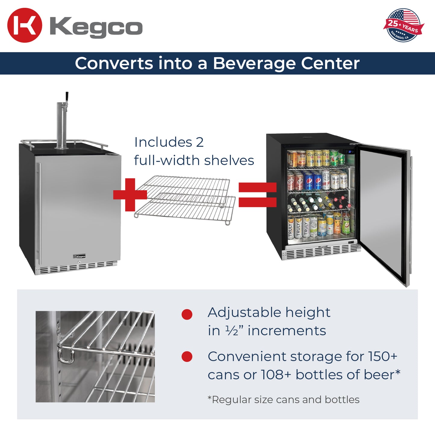 Kegco 24" Wide Single Tap Stainless Steel Built-In Right Hinge Kegerator with Kit