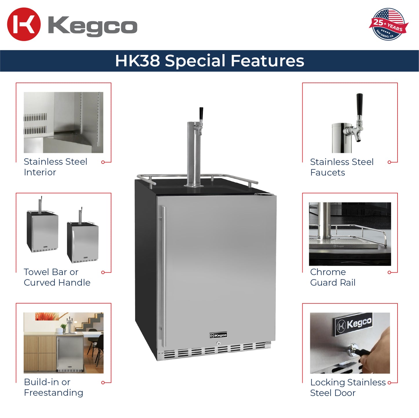 Kegco 24" Wide Single Tap Stainless Steel Built-In Right Hinge Kegerator with Kit 1