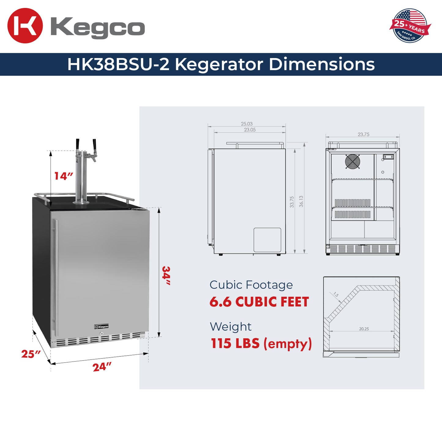 Kegco 24" Wide Dual Tap Stainless Steel Built-In Right Hinge Kegerator with Kit