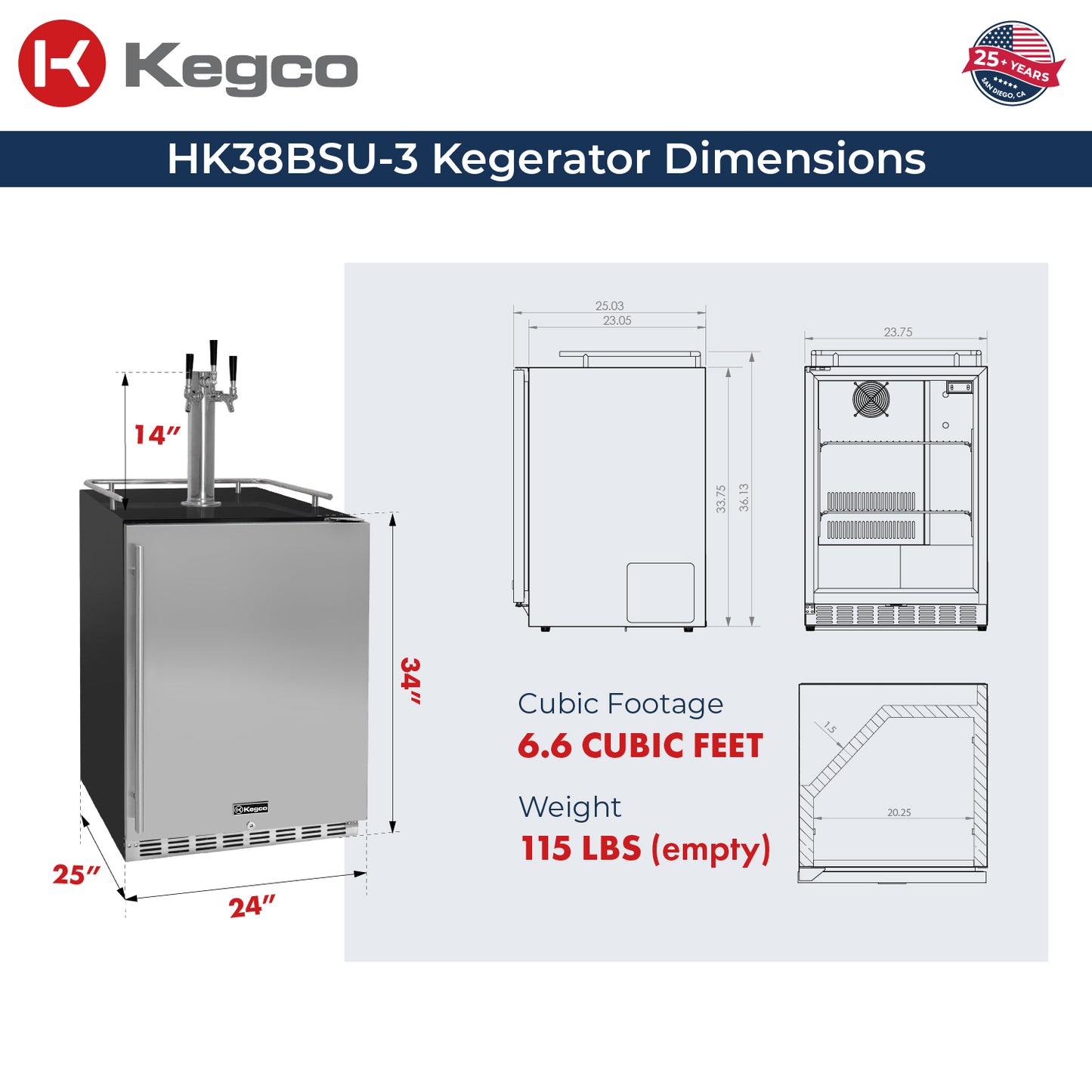 Kegco 24" Wide Outdoor Single Tap All Stainless Steel Built-In Right Hinge Kegerator with Kit