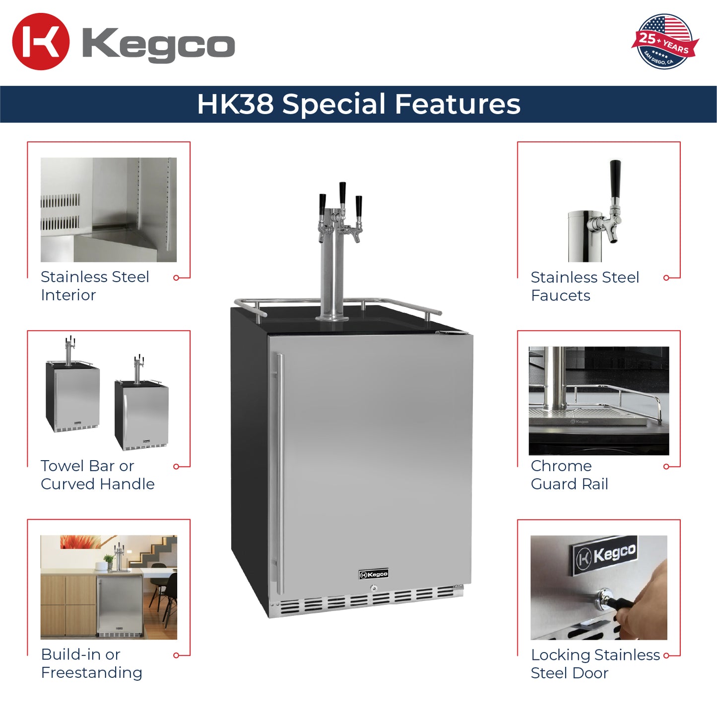 Kegco 24" Wide Outdoor Single Tap All Stainless Steel Built-In Right Hinge Kegerator with Kit 1