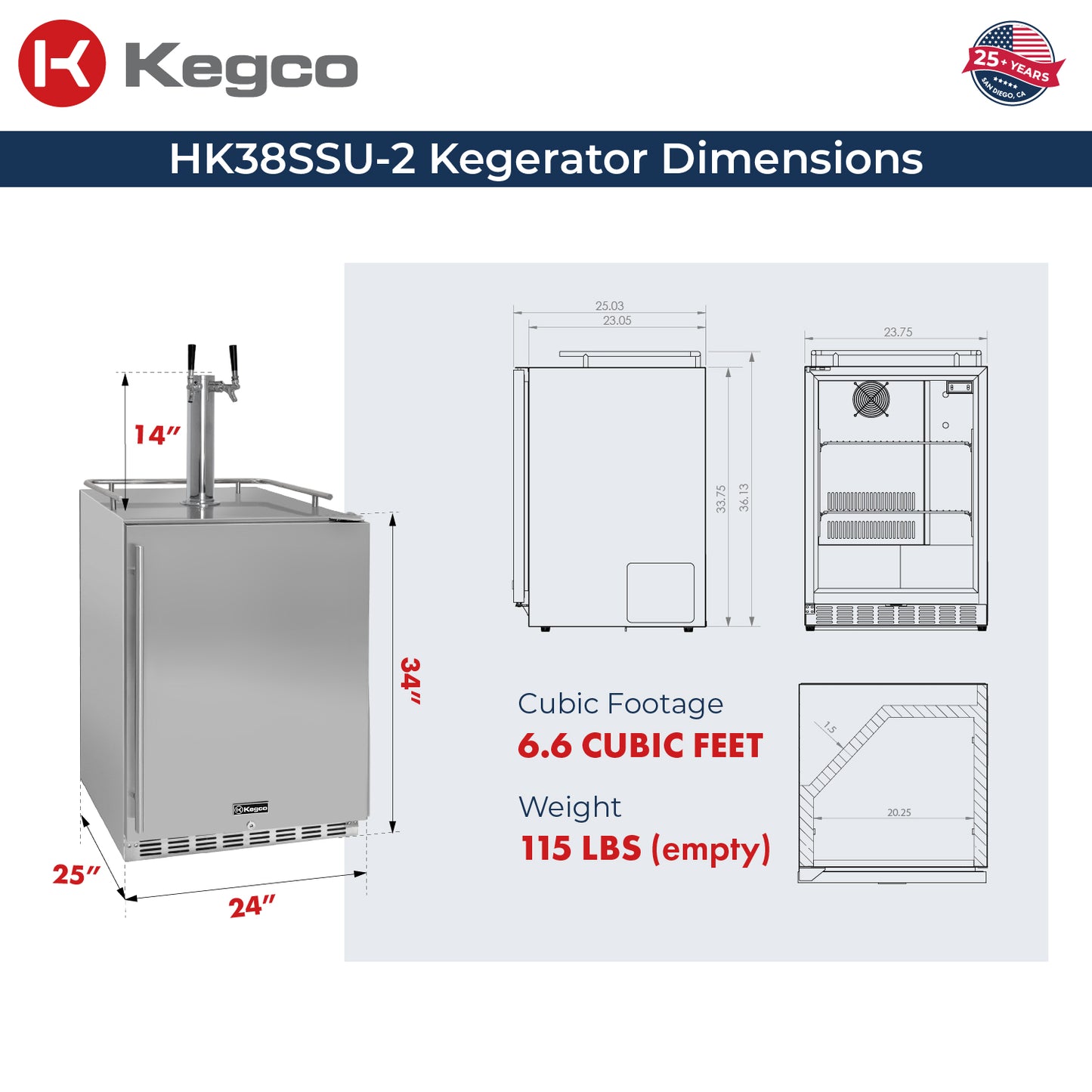 Kegco 24" Wide Outdoor Dual Tap All Stainless Steel Built-In Right Hinge Kegerator with Kit
