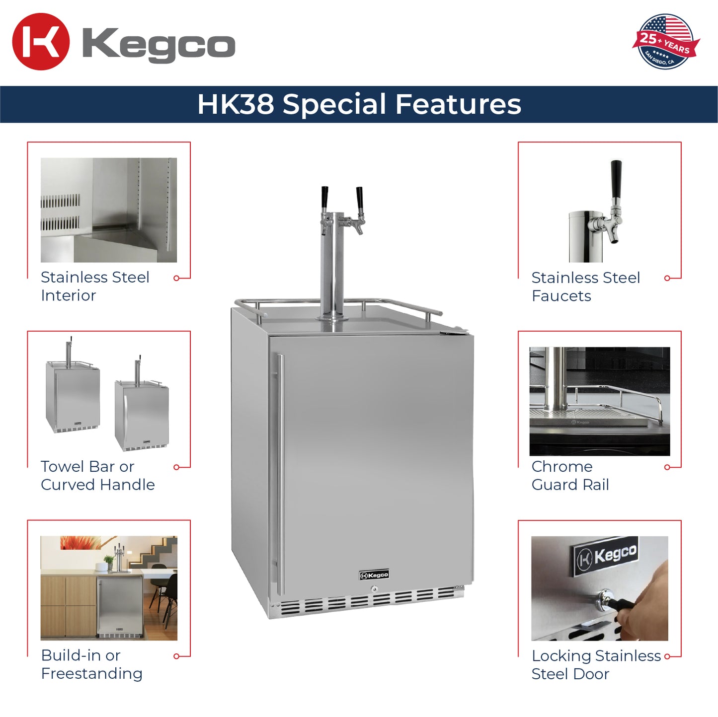 Kegco 24" Wide Outdoor Dual Tap All Stainless Steel Built-In Right Hinge Kegerator with Kit