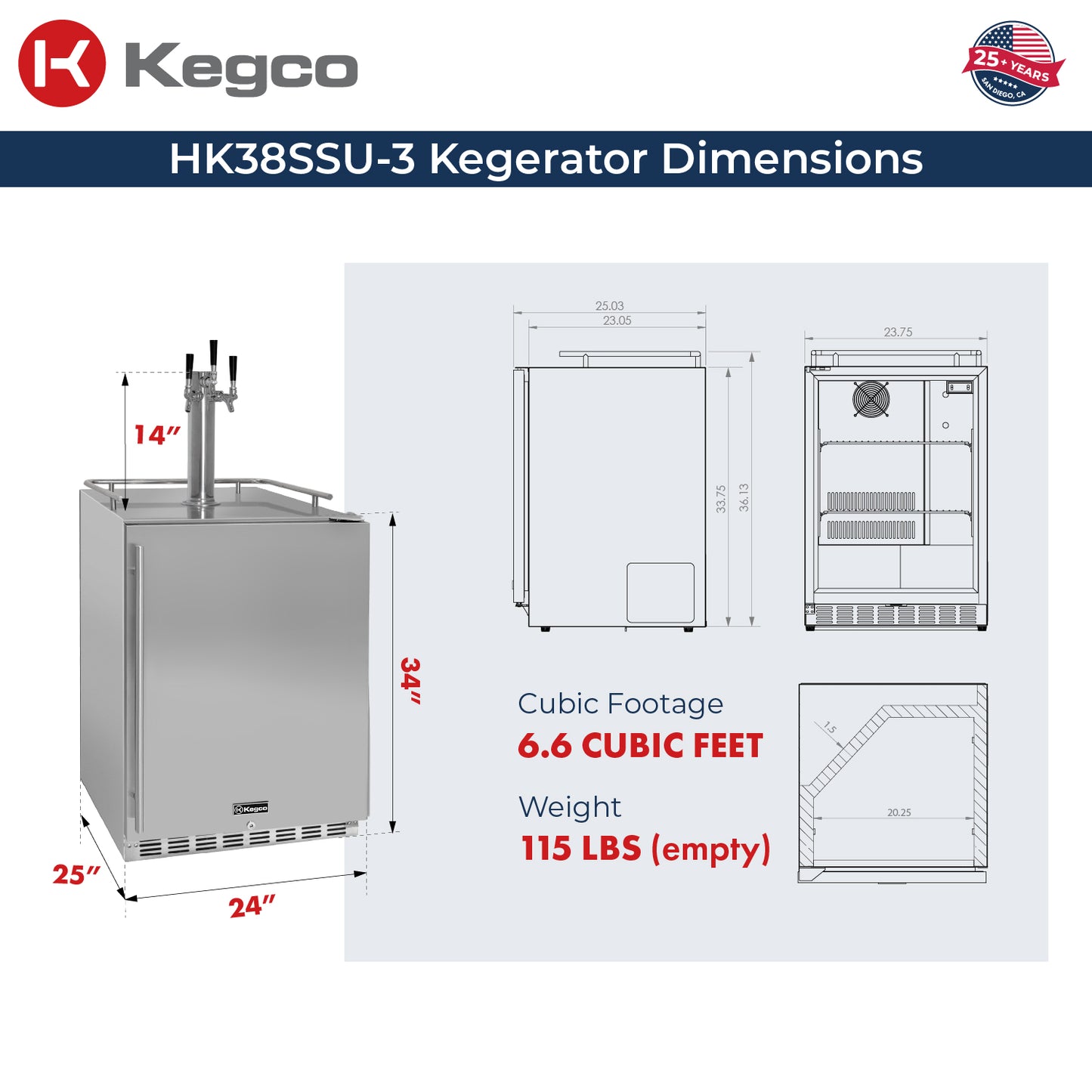 Kegco 24" Wide Outdoor Triple Tap All Stainless Steel Built-In Right Hinge Kegerator with Kit 1