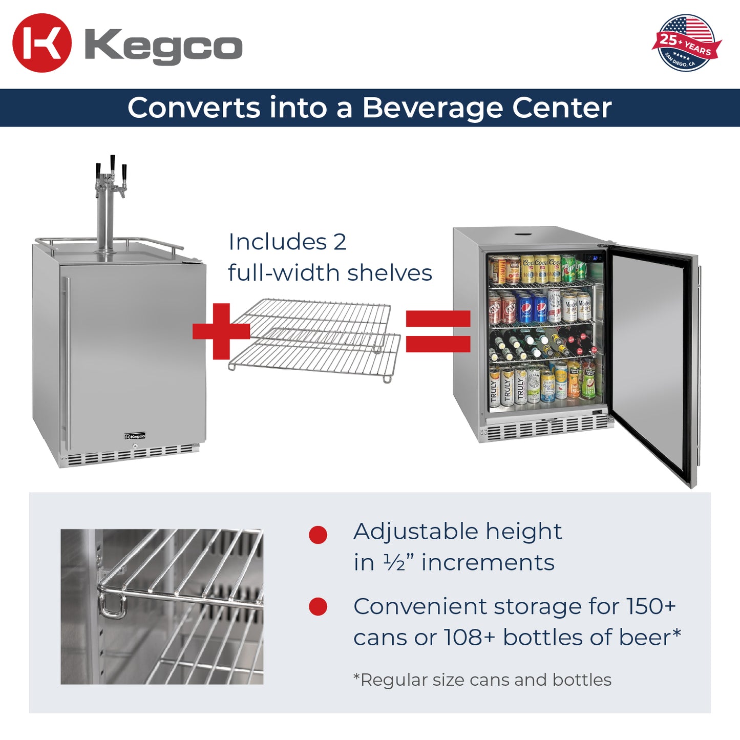 Kegco 24" Wide Outdoor Triple Tap All Stainless Steel Built-In Right Hinge Kegerator with Kit
