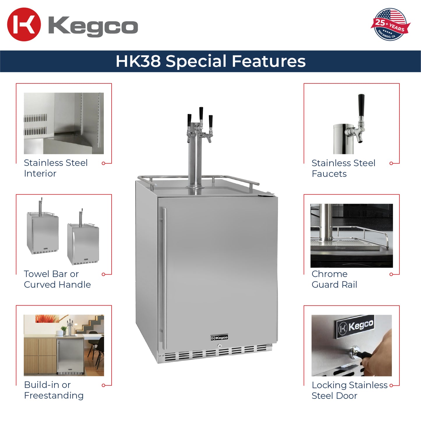 Kegco 24" Wide Outdoor Triple Tap All Stainless Steel Built-In Right Hinge Kegerator with Kit