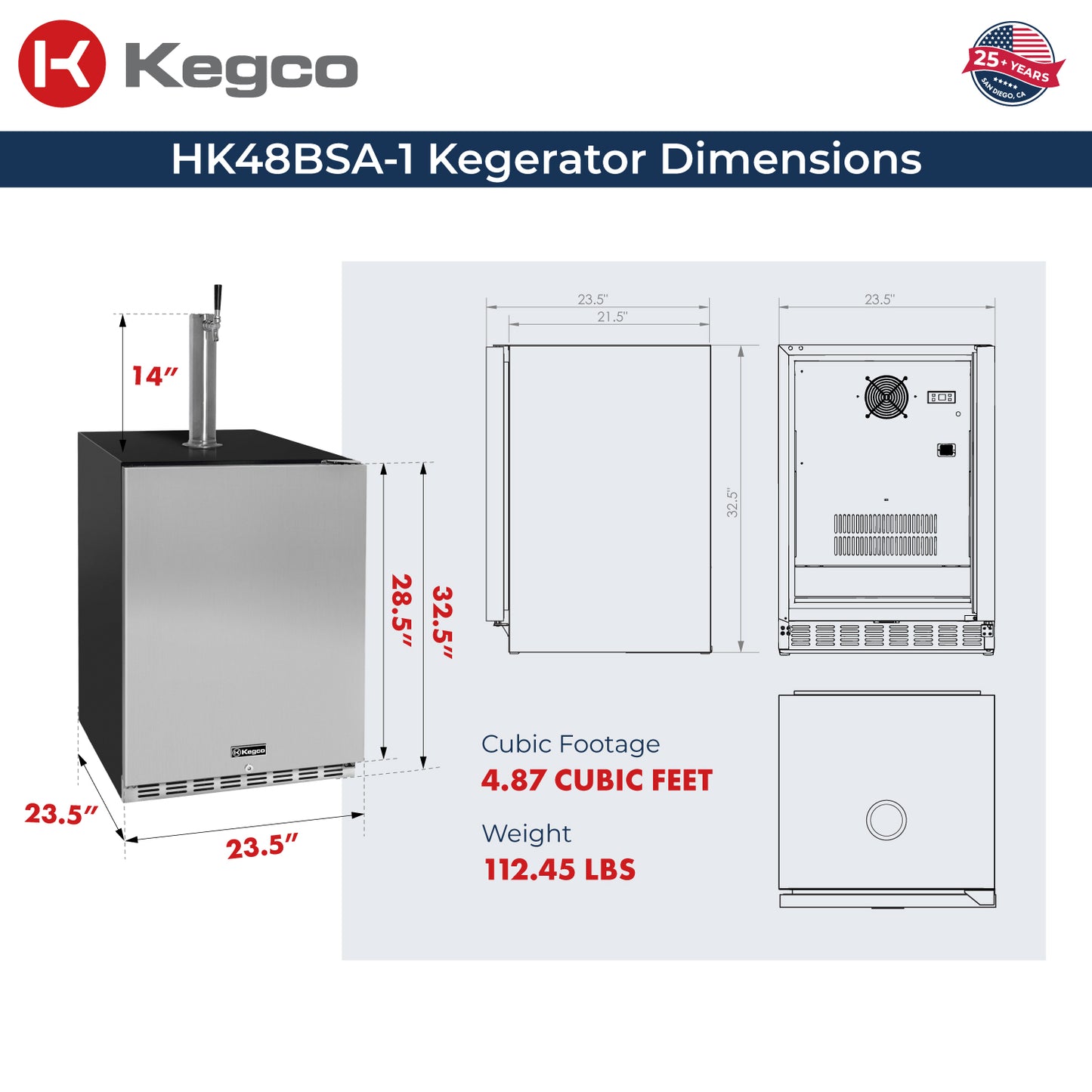 Kegco 24" Wide Single Tap Stainless Steel Built-In Right Hinge ADA Kegerator with Kit