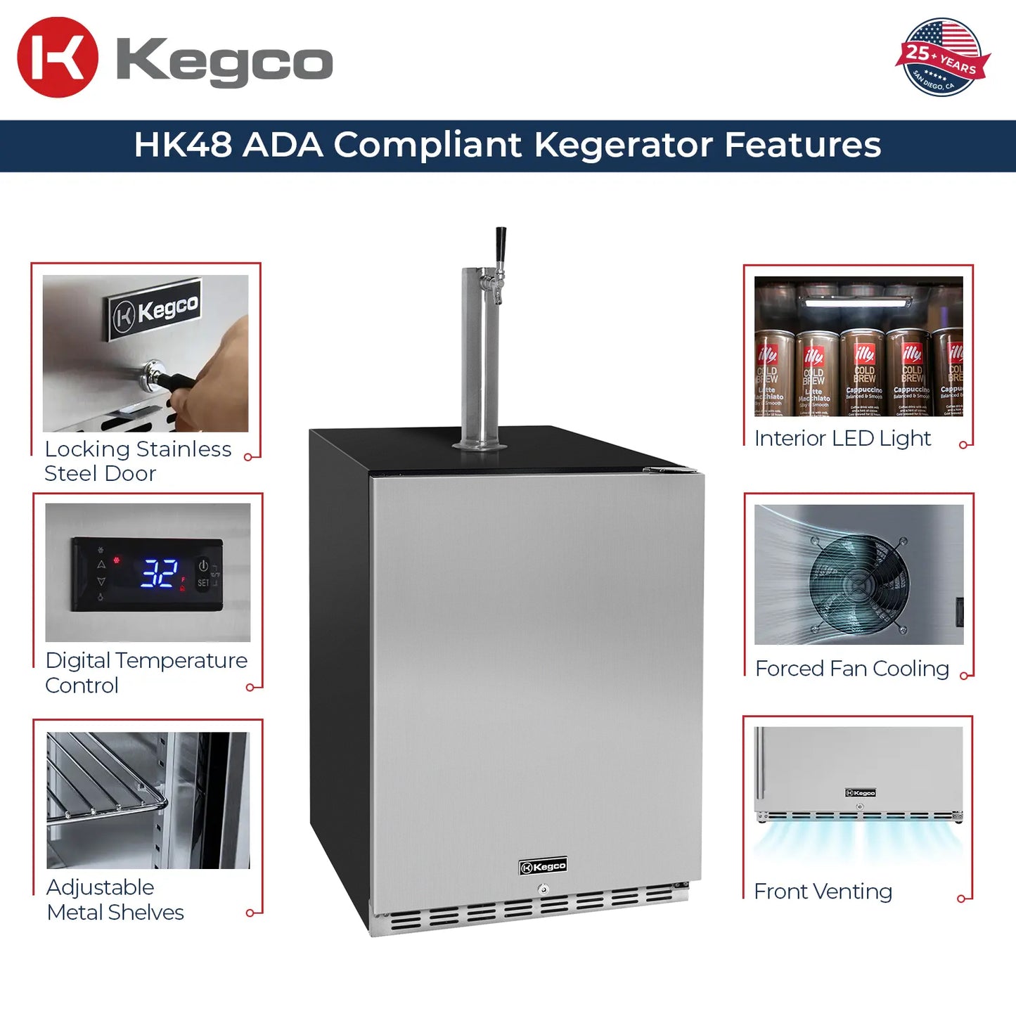 Kegco 24" Wide Single Tap Stainless Steel Built-In Right Hinge ADA Kegerator with Kit