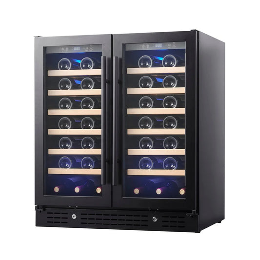 Wine cooler with glass doors displaying wine bottles on a white background
