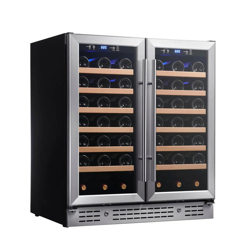 Double-door wine cooler with wine bottles inside on a white background