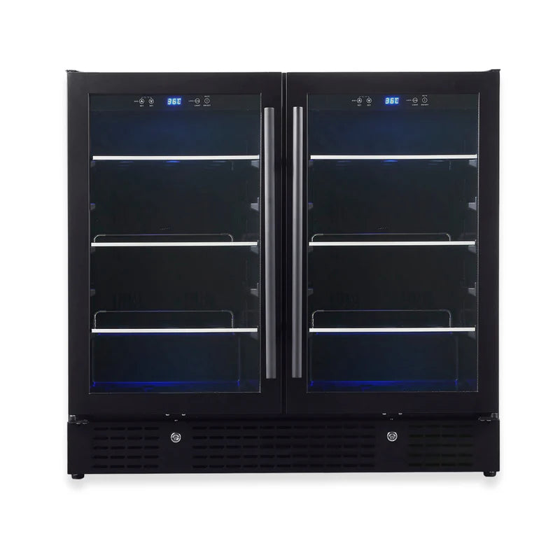 Black wine cooler with glass doors on a white background
