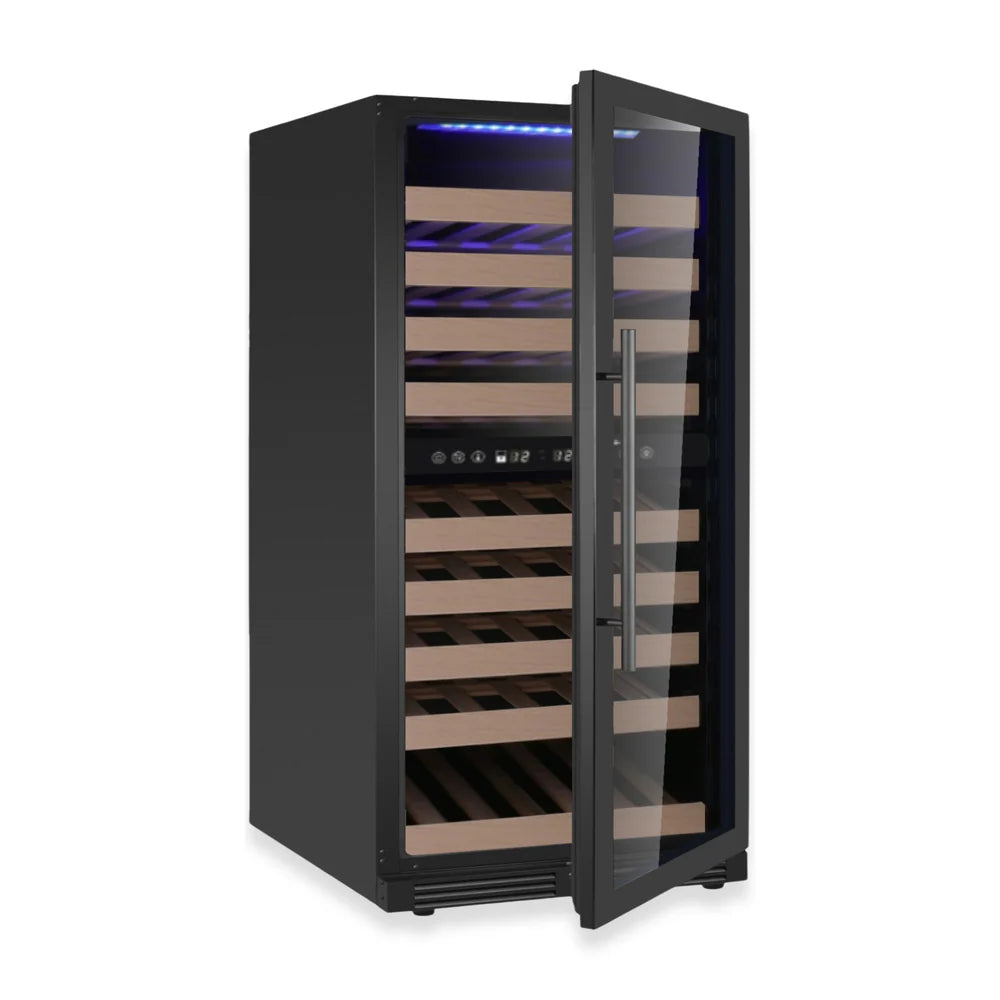 47-Inch Tall Dual Zone Right Hinge Wine Cooler with Low-E Black Glass Door