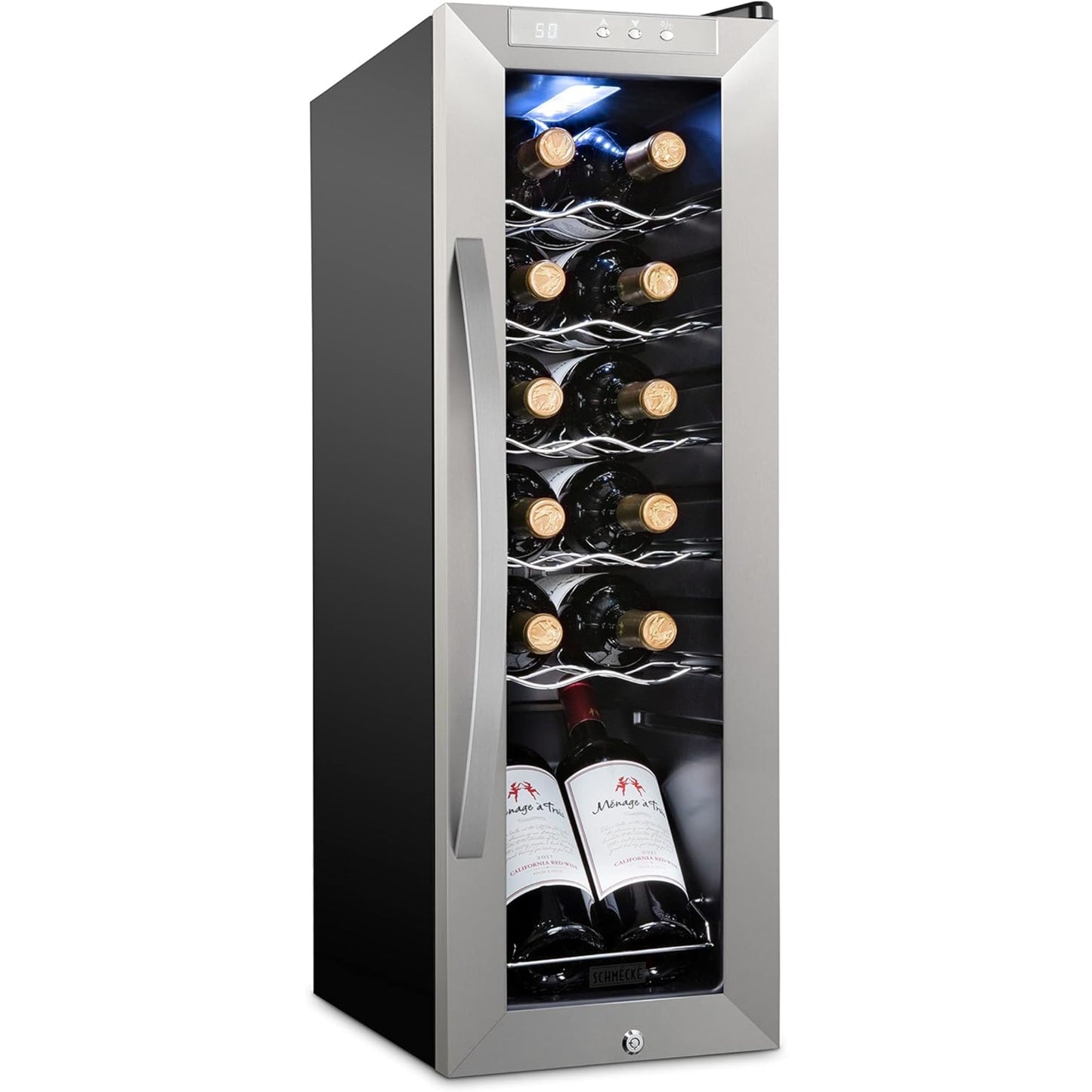 Wine Fridge, Single Zone 12-Bottle Free Standing Wine Cooler with Lock