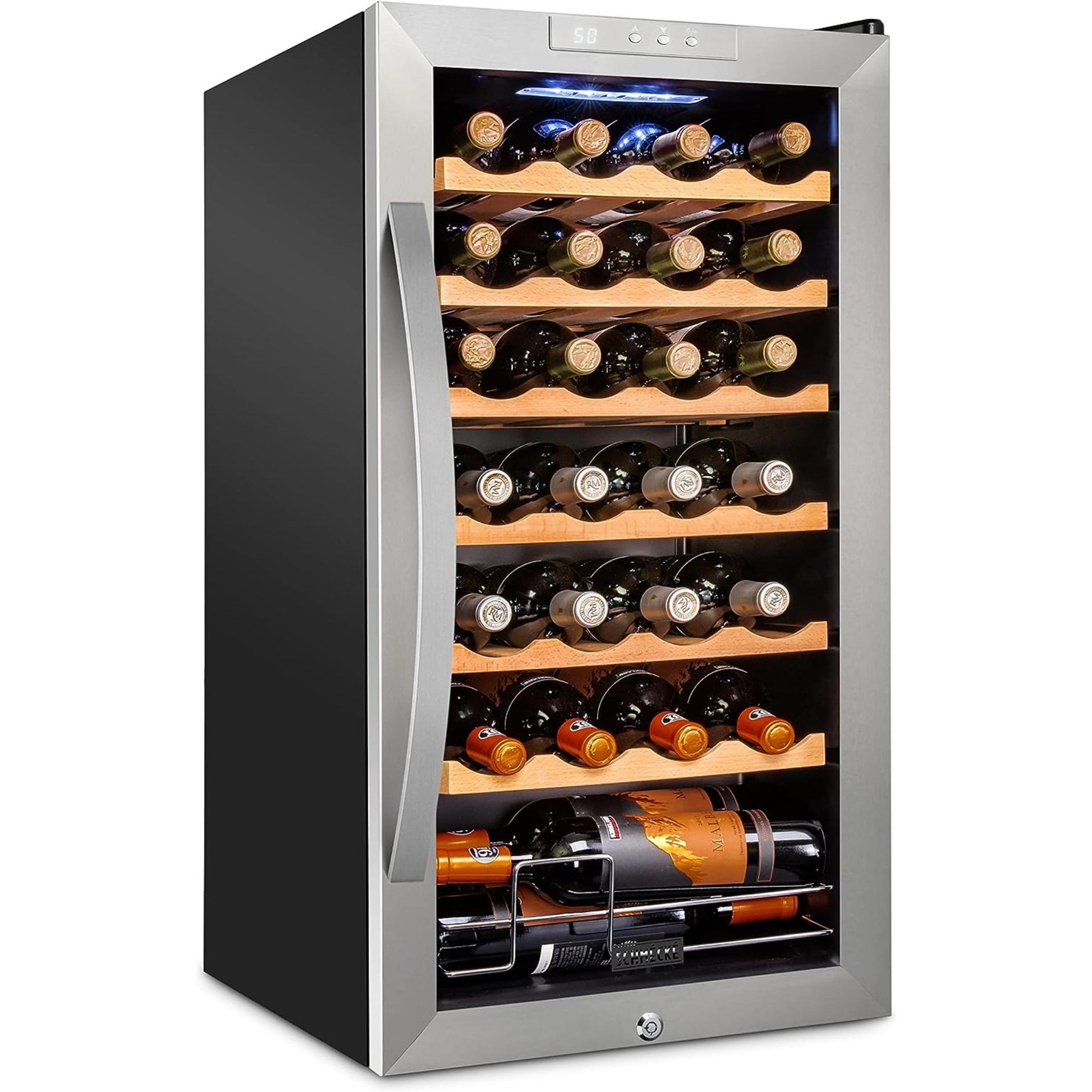 28 Bottle Wine Cooler with Lock, Compact Freestanding Stainless Steel Wine Fridge