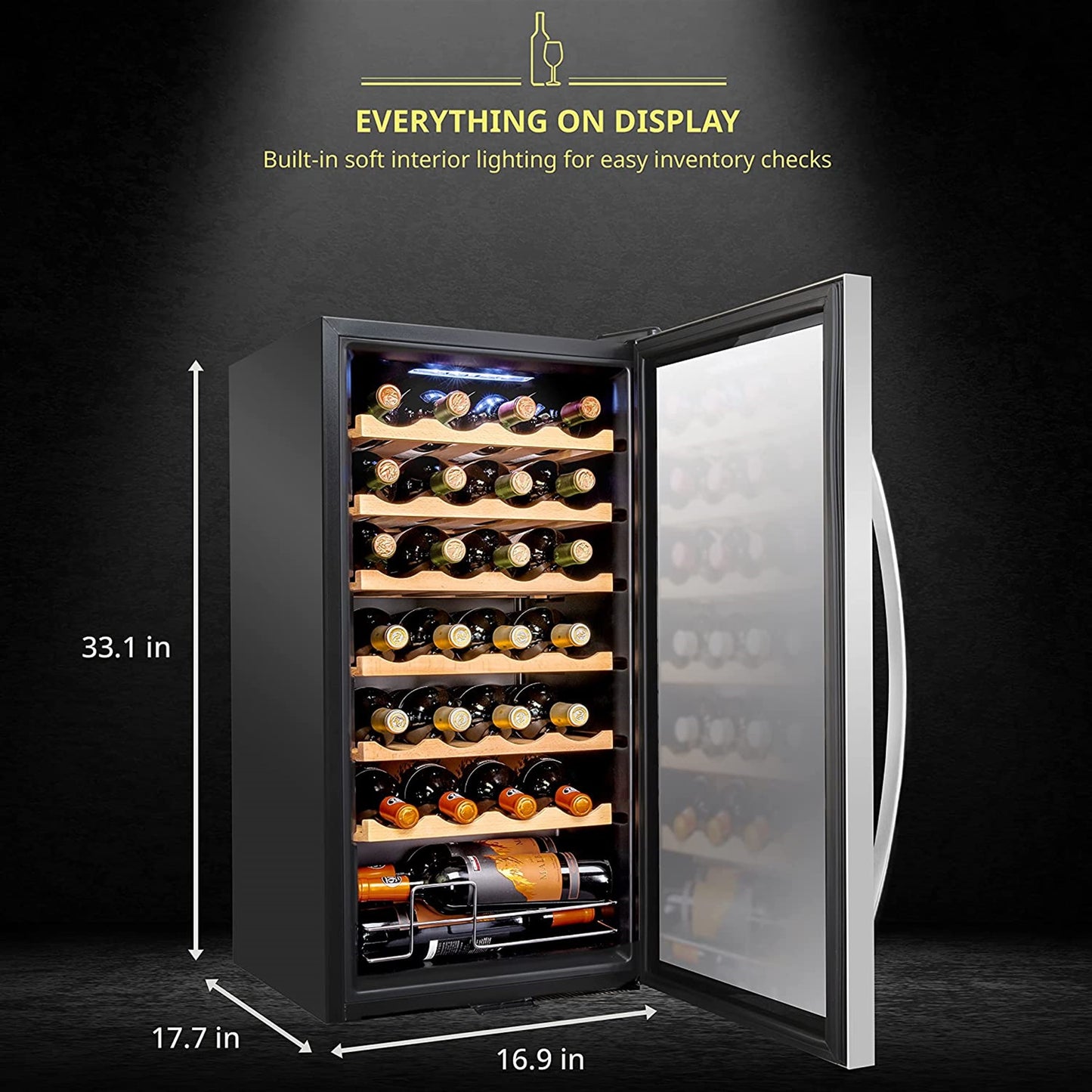 28 Bottle Wine Cooler with Lock, Compact Freestanding Stainless Steel Wine Fridge 1