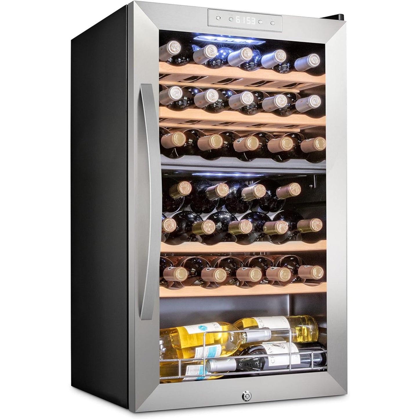 33 Bottle Wine Cooler with Lock, Compact Freestanding Stainless Steel Wine Fridge