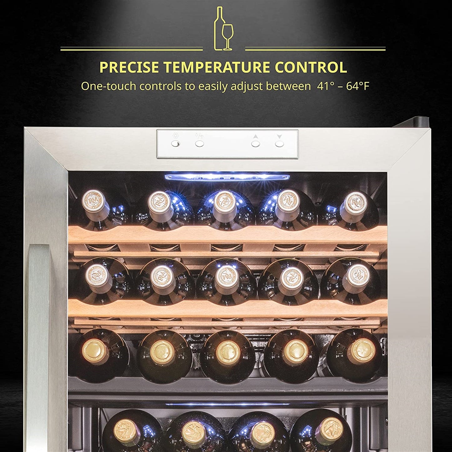 33 Bottle Wine Cooler with Lock, Compact Freestanding Stainless Steel Wine Fridge