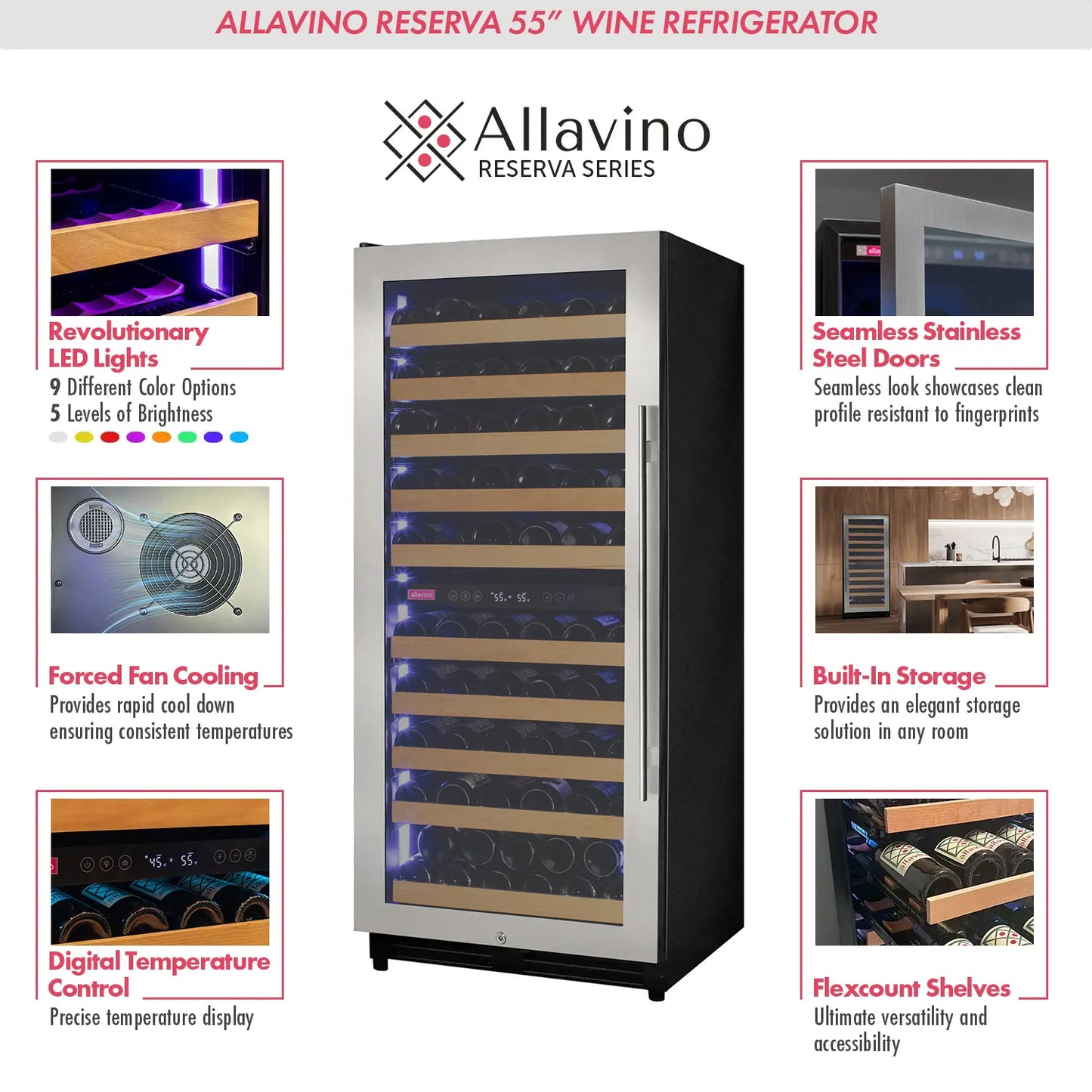 Allavino 119 Bottle 55" Tall Dual Zone Left Hinge Stainless Steel Wine Refrigerator