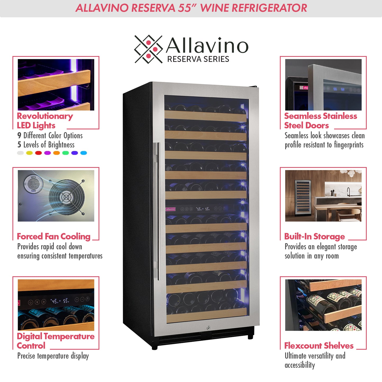Allavino 119 Bottle 55" Tall Dual Zone Right Hinge Stainless Steel Wine Refrigerator