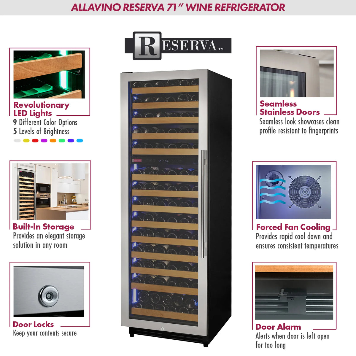 Allavino Reserva 154 Bottle 71" Tall Dual Zone Built-In Wine Refrigerator, Stainless Steel Door, Left Hinge