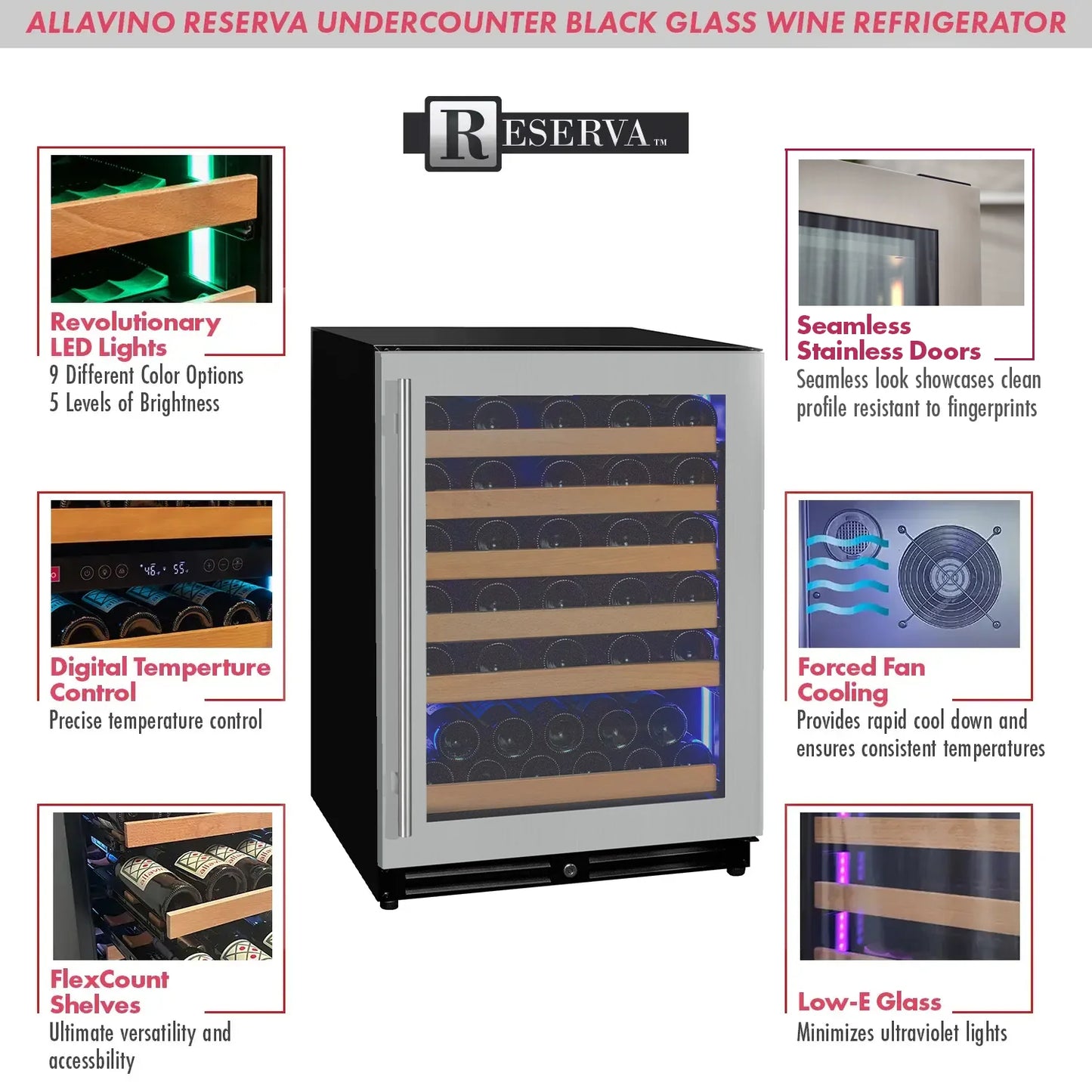 Allavino Reserva Series - 56 Bottle Single Zone Built-in Luxury Wine Refrigerator with Stainless Steel Door - Right Hinge