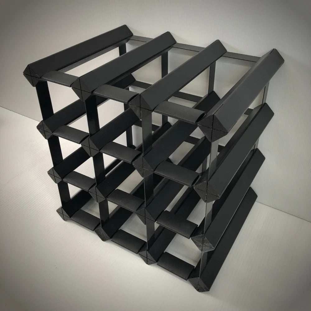 Black geometric wine rack on a white background