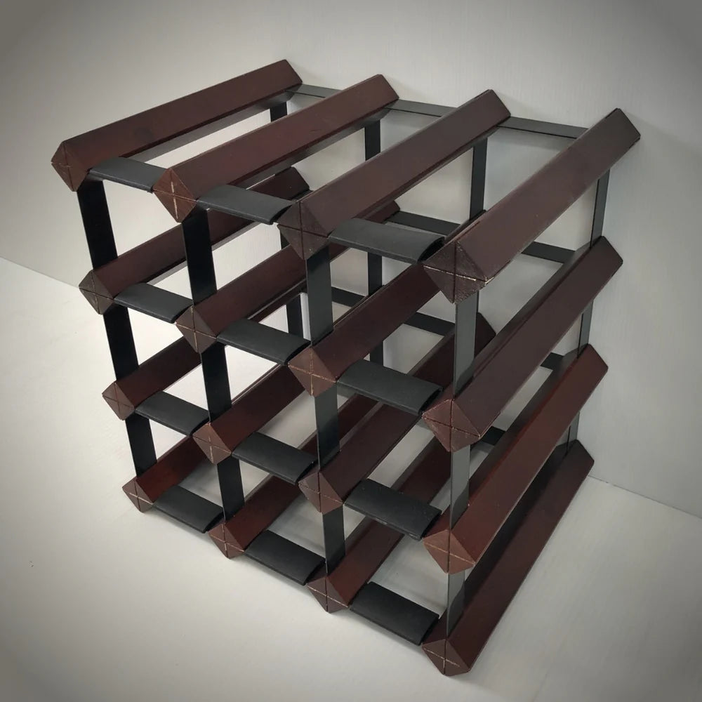 Wooden wine rack with interlocking shelves on a white background