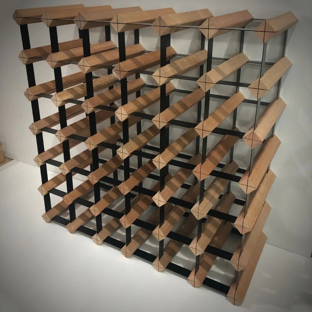 Wooden wine rack with black accents on a white background