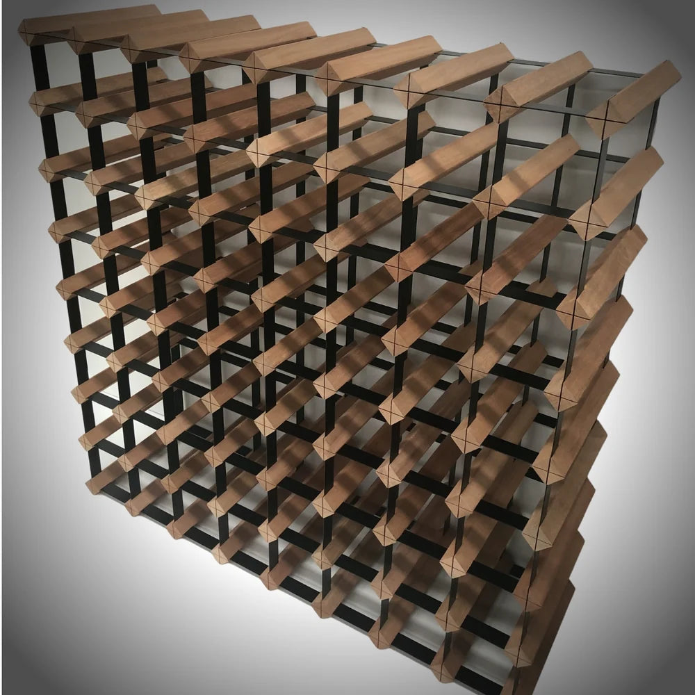 Wooden wine rack with black metal support on a gray background