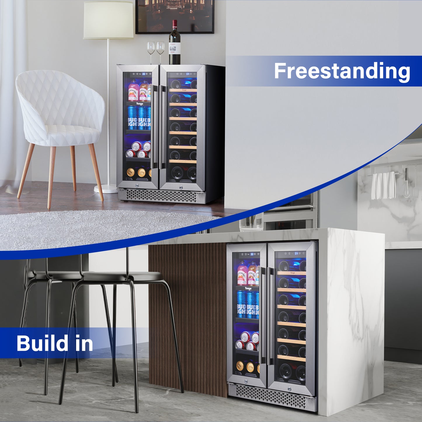 Yeego 24 Inch Wide Wine and Beverage Dual Zone Fridge, Built-In or Freestanding