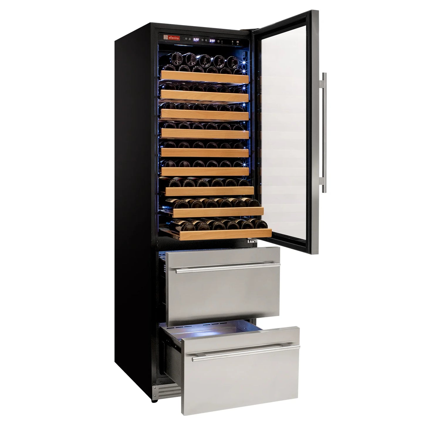 Allavino 76.5" Tall Stainless Steel Wine Refrigerator with Two Refrigerated Drawers