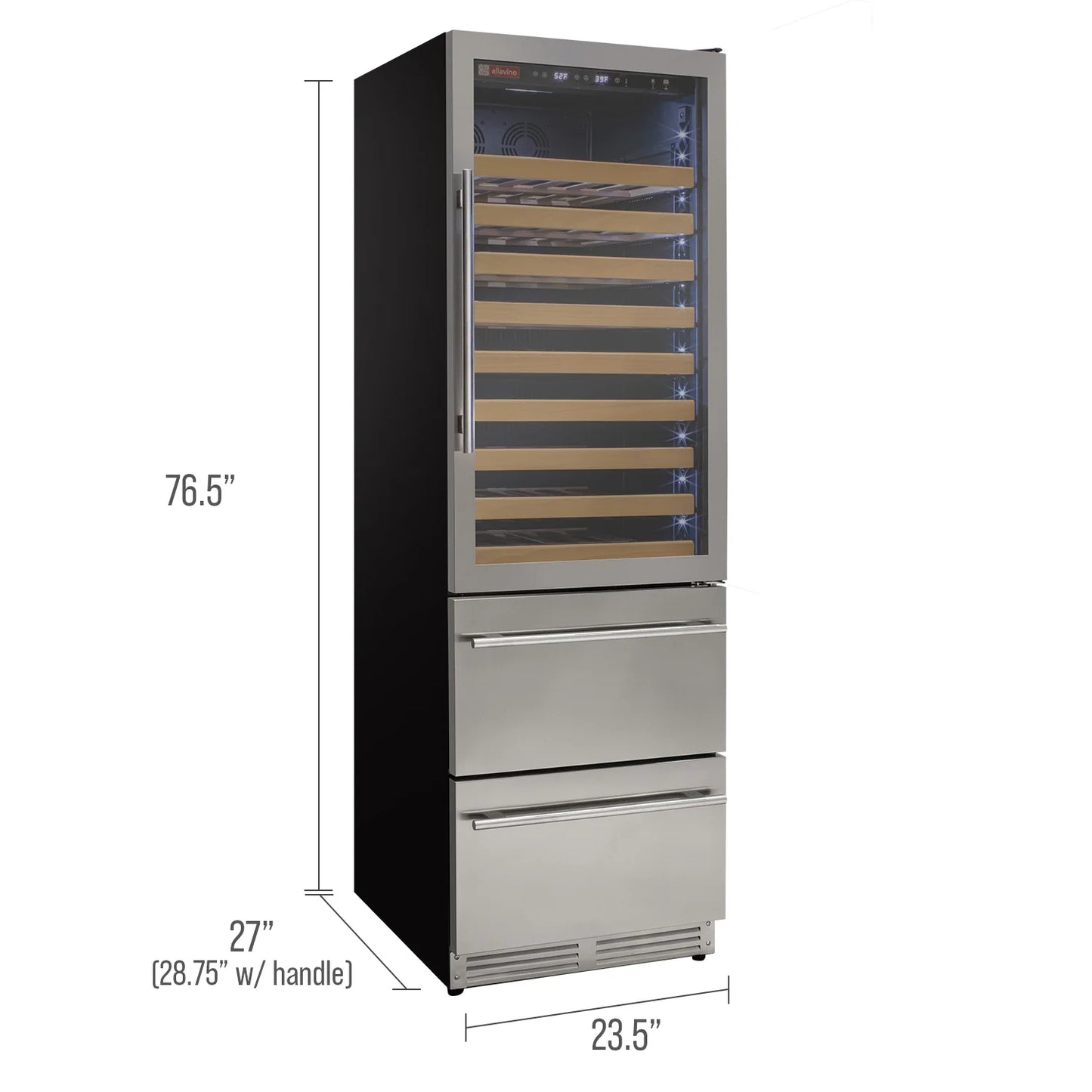 Allavino 76.5" Tall Stainless Steel Wine Refrigerator with Two Refrigerated Drawers