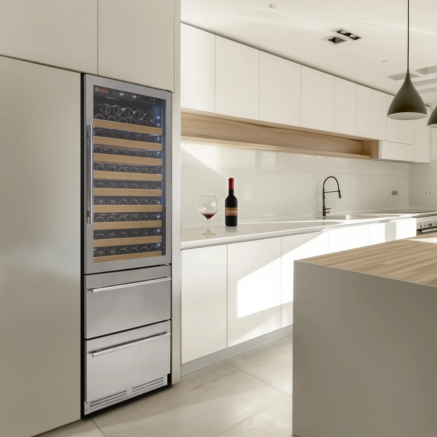 Allavino 76.5" Tall Stainless Steel Wine Refrigerator with Two Refrigerated Drawers