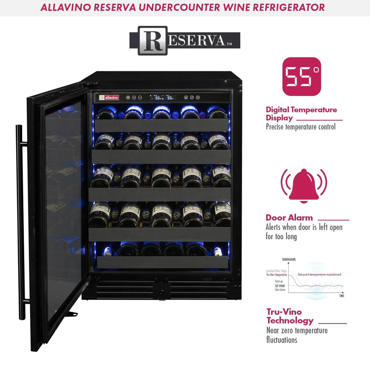 Allavino Reserva 24" Built-In 50 Bottle Single Zone Wine Refrigerator, Black Stainless Steel Door, Left Hinge