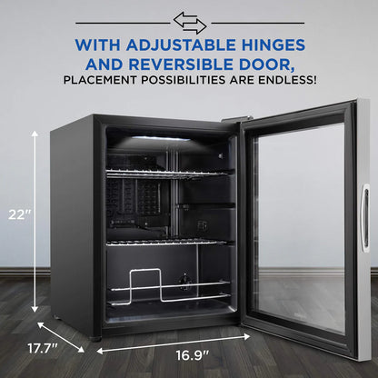 Ivation 62 Can Beverage Refrigerator, Freestanding Ultra Cool Mini Fridge, Beer, Cocktails, Soda, Juice Cooler for Home & Office, Reversible Glass Door & Adjustable Shelving - Stainless Steel