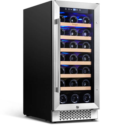 Yeego 15 Inch Wide 33 Bottle Narrow Small Wine Fridge, Under Counter, Built-In or Freestanding