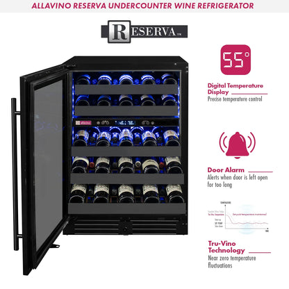 Allavino Reserva 24" Built-In 50 Bottle Dual Zone Wine Refrigerator, Black Stainless Steel Door, Left Hinge