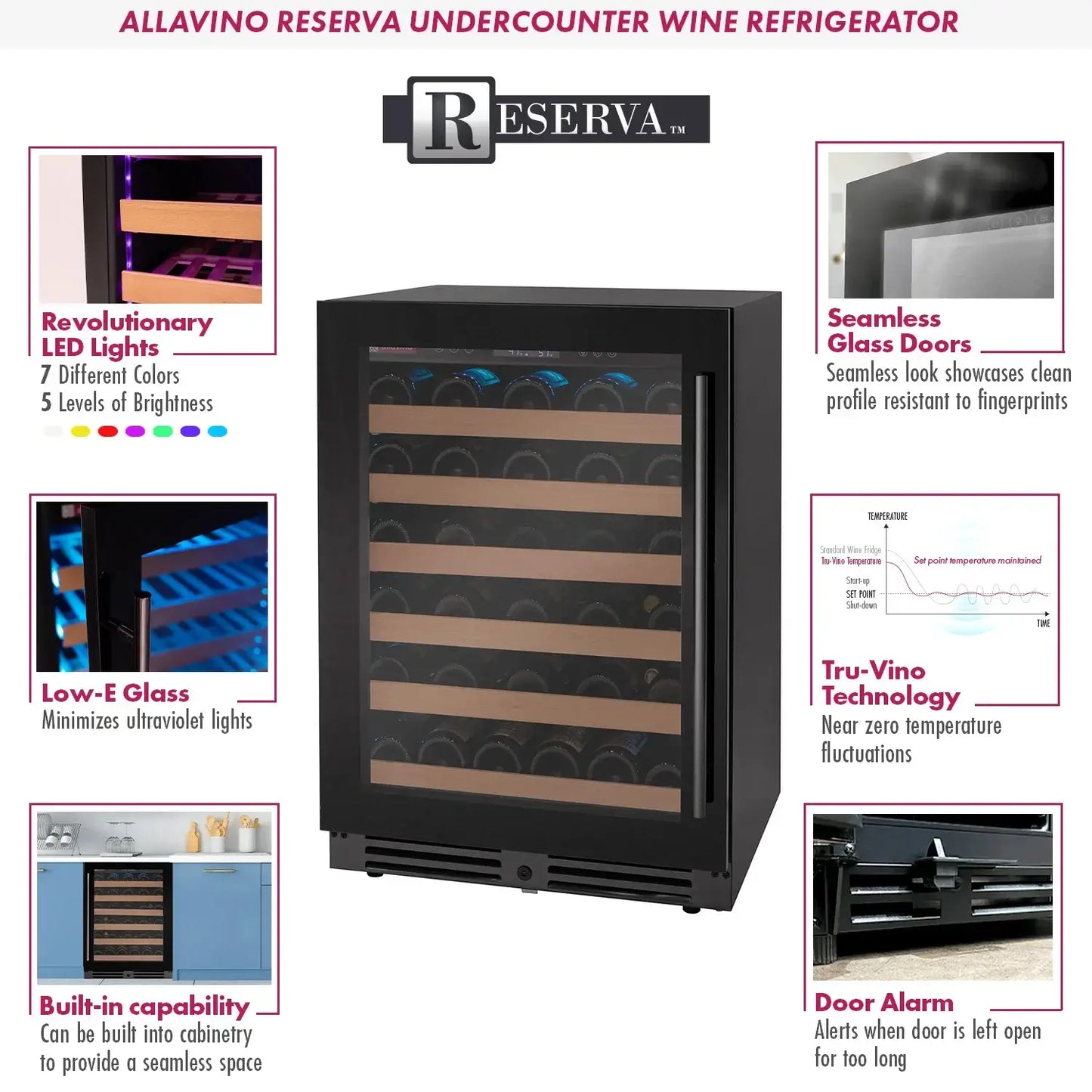 Reserva Series 50 Bottle 34" Tall Single Zone Left Hinge Black Glass Wine Cooler Refrigerator